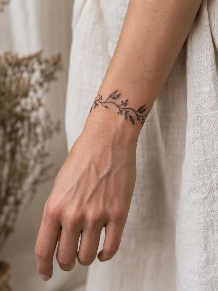 Leafy botanical bracelet tattoo around a wrist