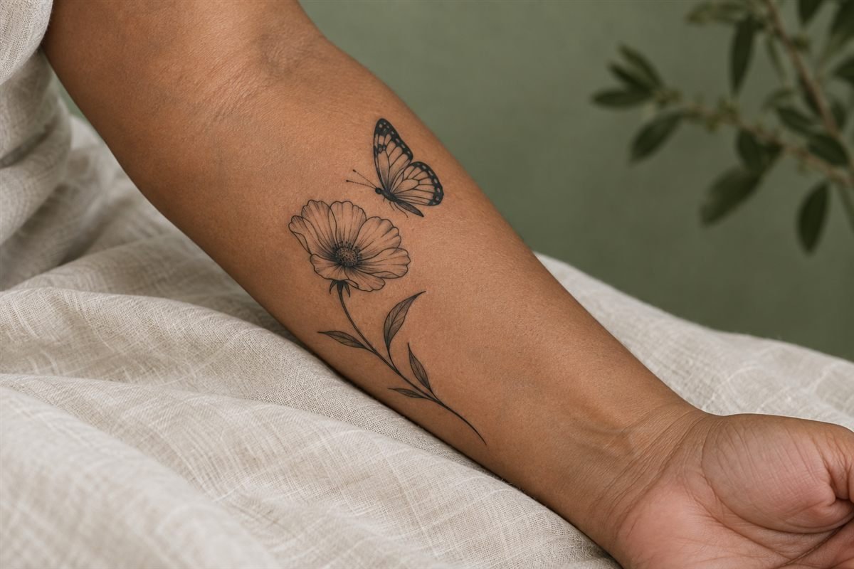 Butterfly hovering beside a flower in a forearm tattoo composition