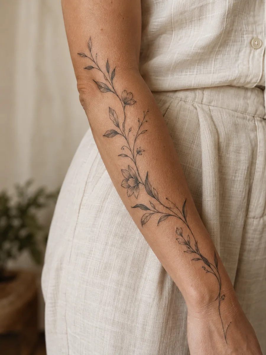 Elegant botanical vine tattoo along a woman’s forearm — AI-generated inspiration
