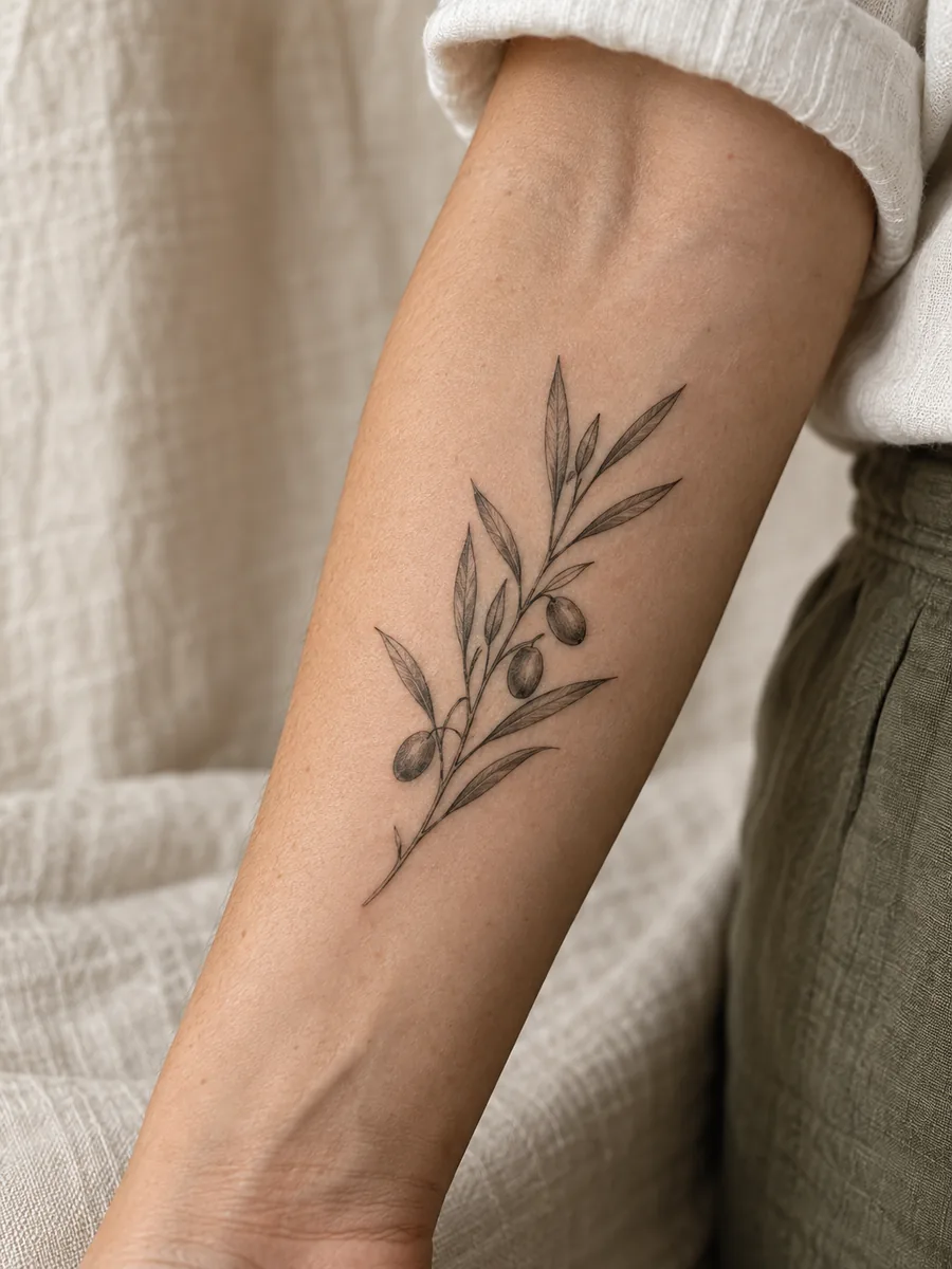Delicate fine-line olive branch tattoo on a forearm — AI-generated inspiration