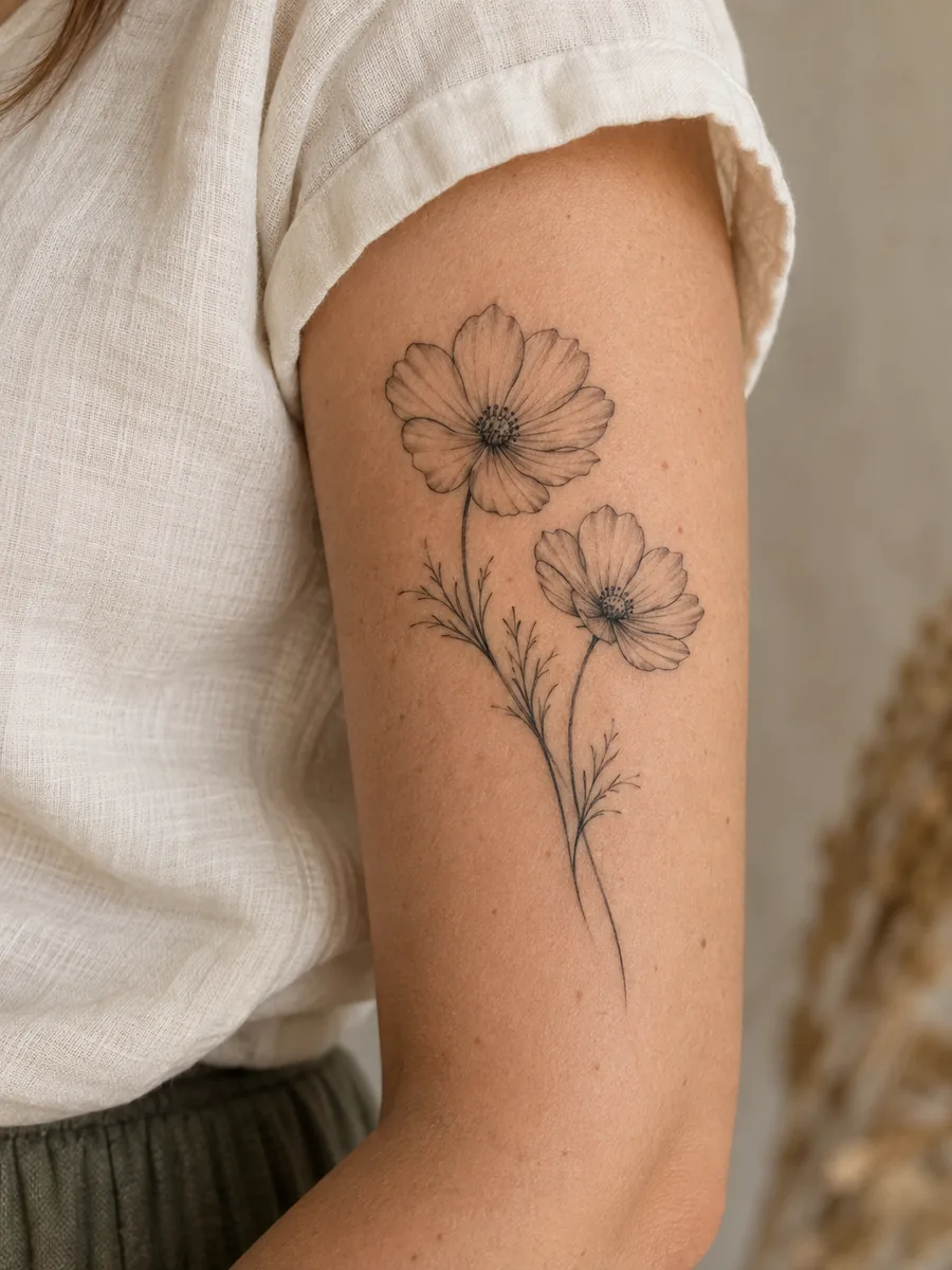Open cosmos flower tattoo with a fine stem on the upper arm
