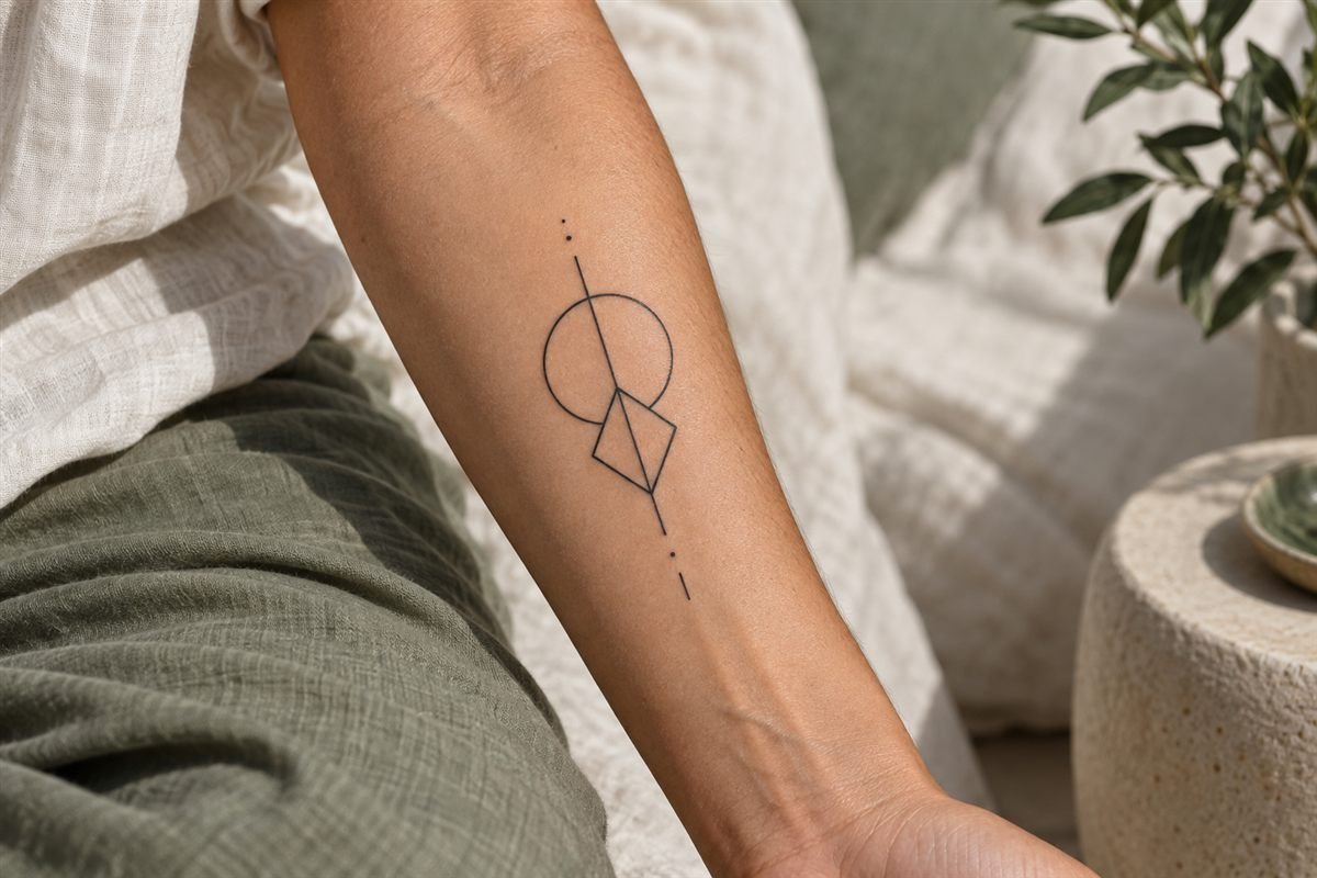 Open circle and diamond linework tattoo along a forearm