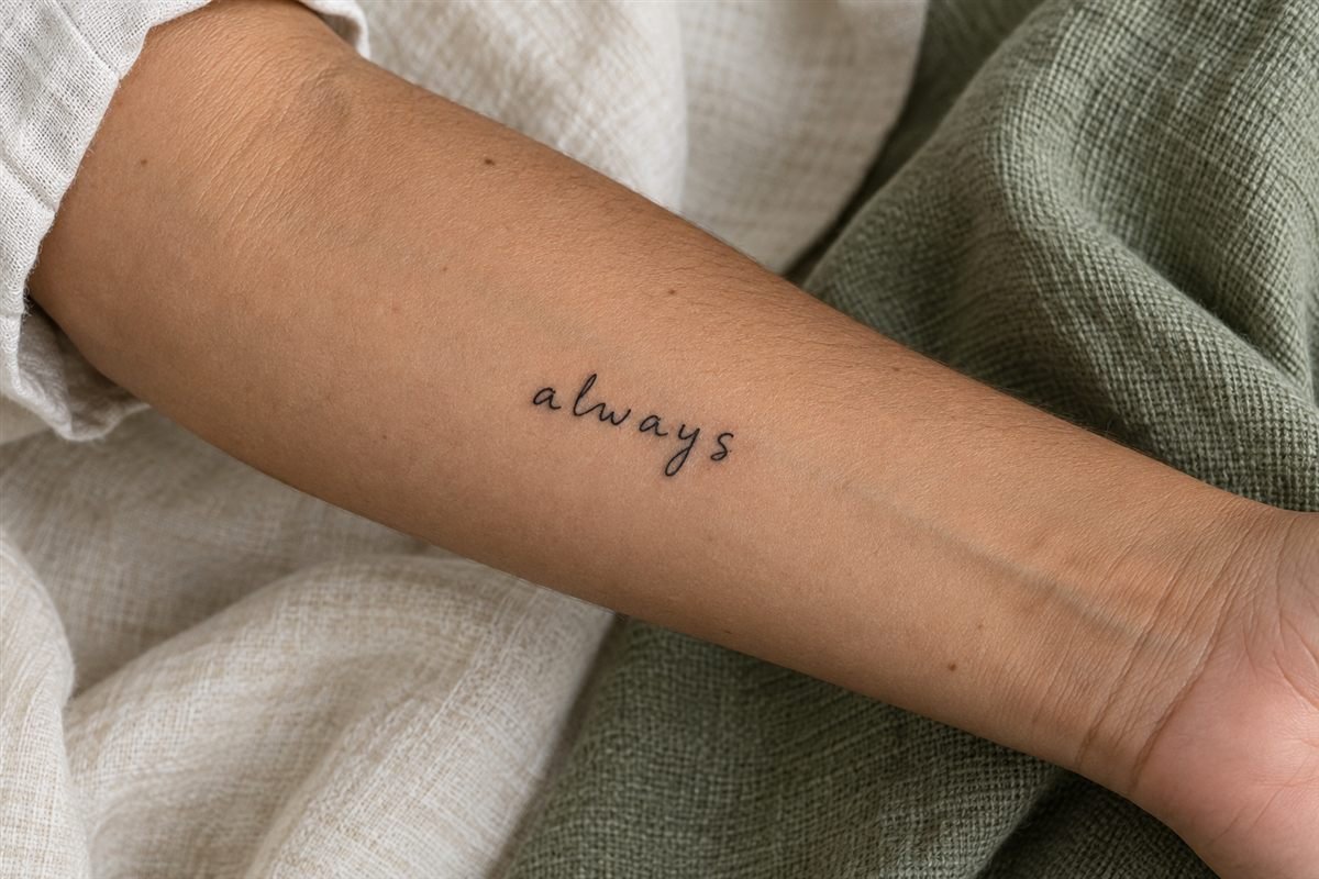 The word always in loose black handwriting on a forearm