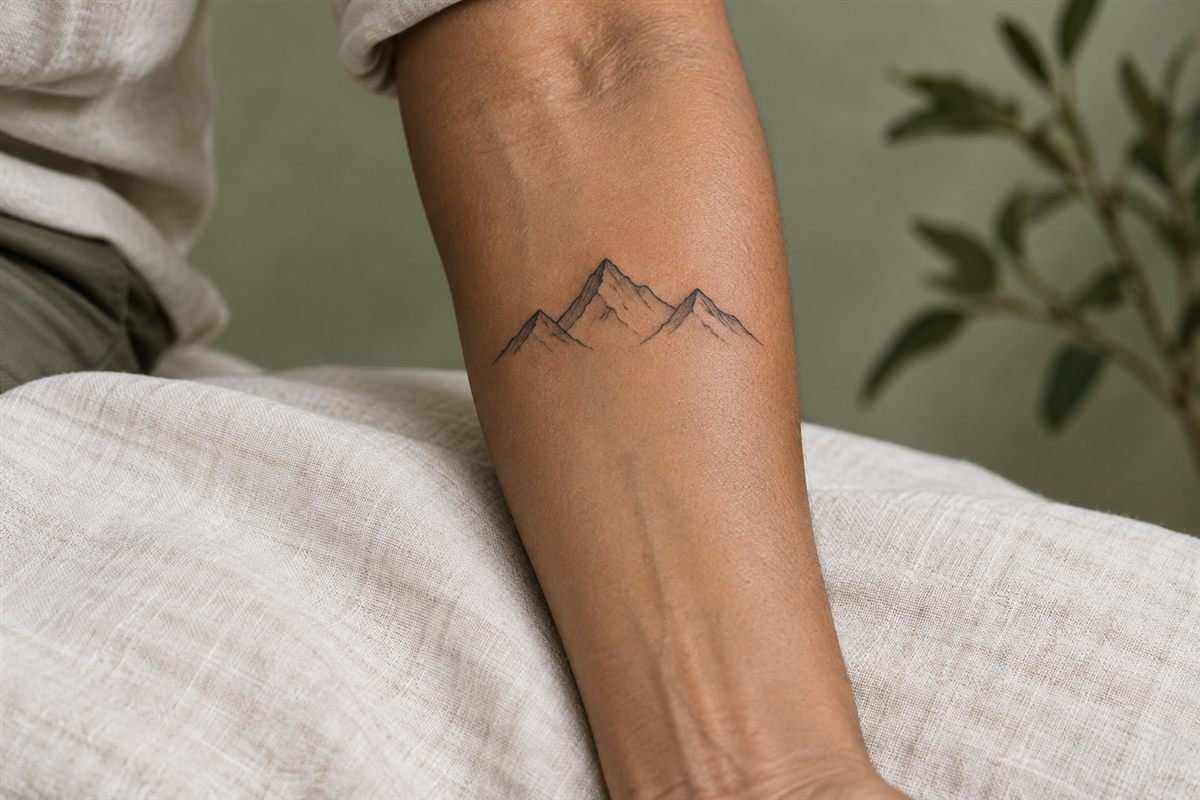 Simple mountain ridge tattoo on a forearm
