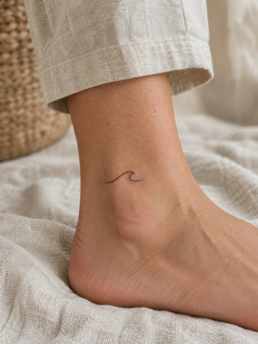 Minimal black wave tattoo above an ankle