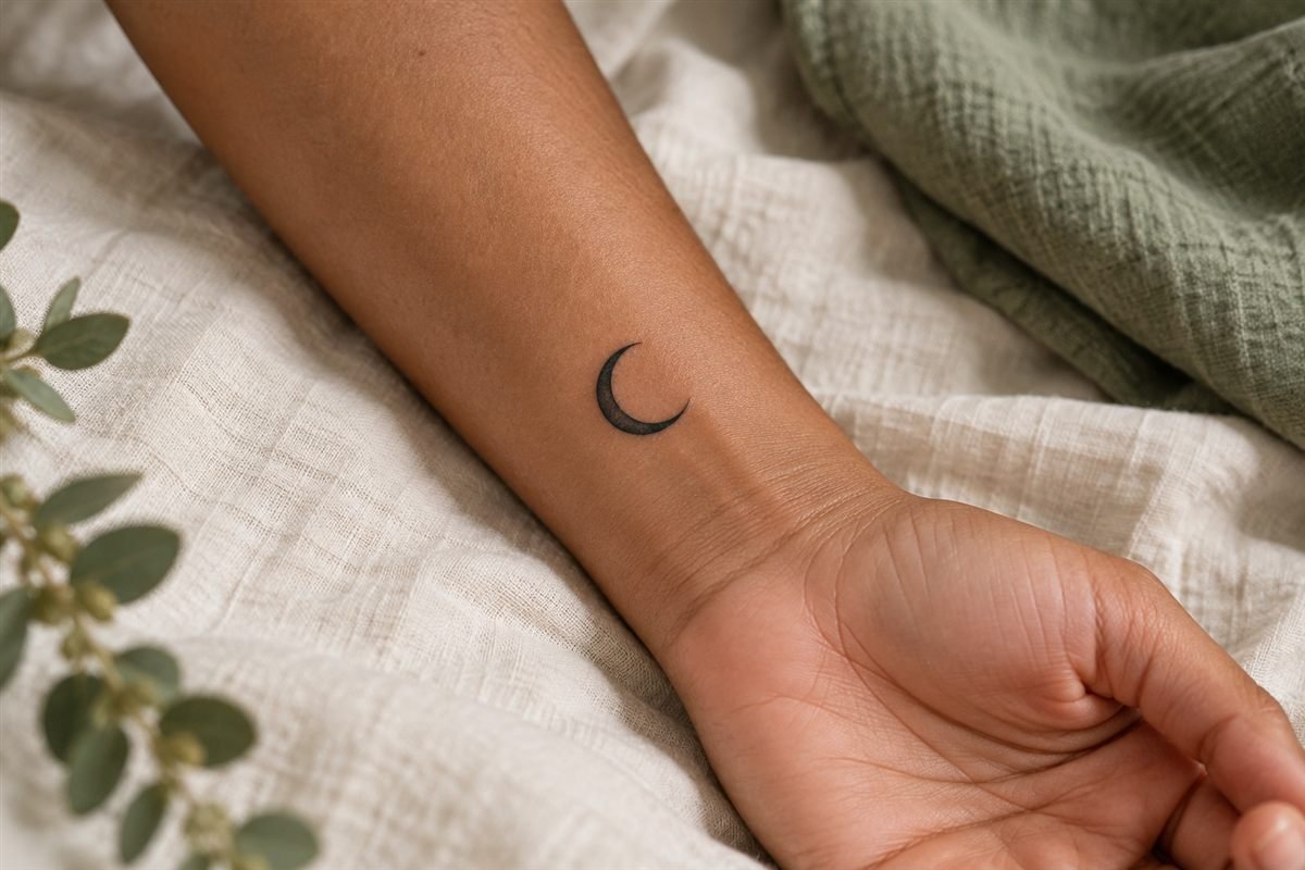 Small black crescent moon tattoo above the inner wrist