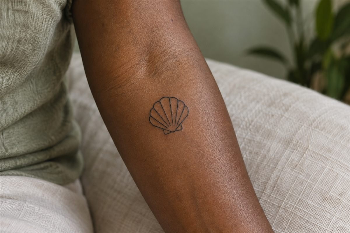 Small open seashell outline tattoo on a forearm