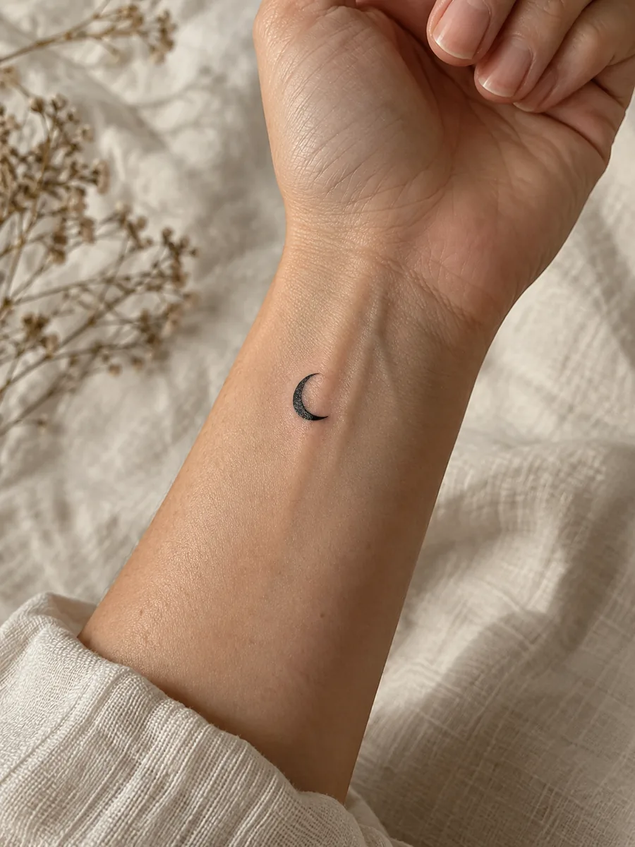 Small crescent moon tattoo on an inner wrist — AI-generated inspiration
