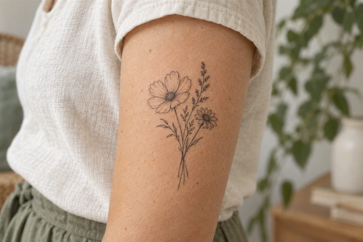 Airy wildflower bouquet tattoo with three stems on an upper arm