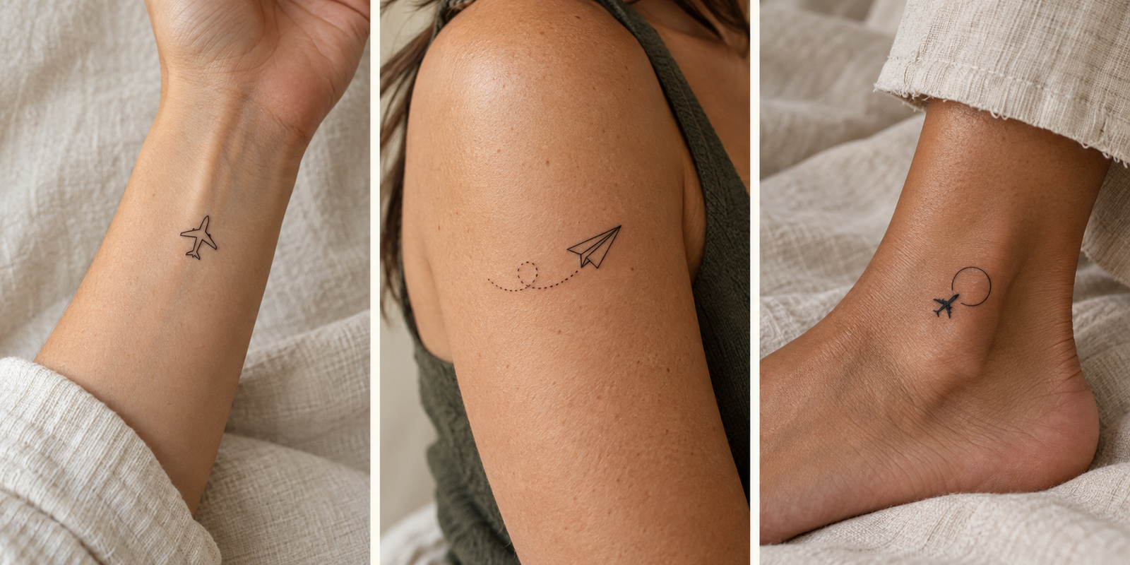 AI-generated airplane tattoo concepts: tiny outline on a forearm, paper plane on an upper arm, and airplane with a circle on an ankle.