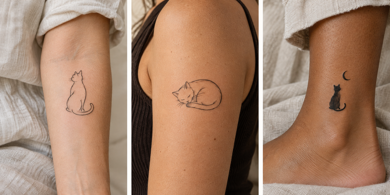 AI-generated cat tattoo concepts: a sitting cat on a forearm, a curled sleeping cat on an upper arm, and a cat with a moon on an ankle.