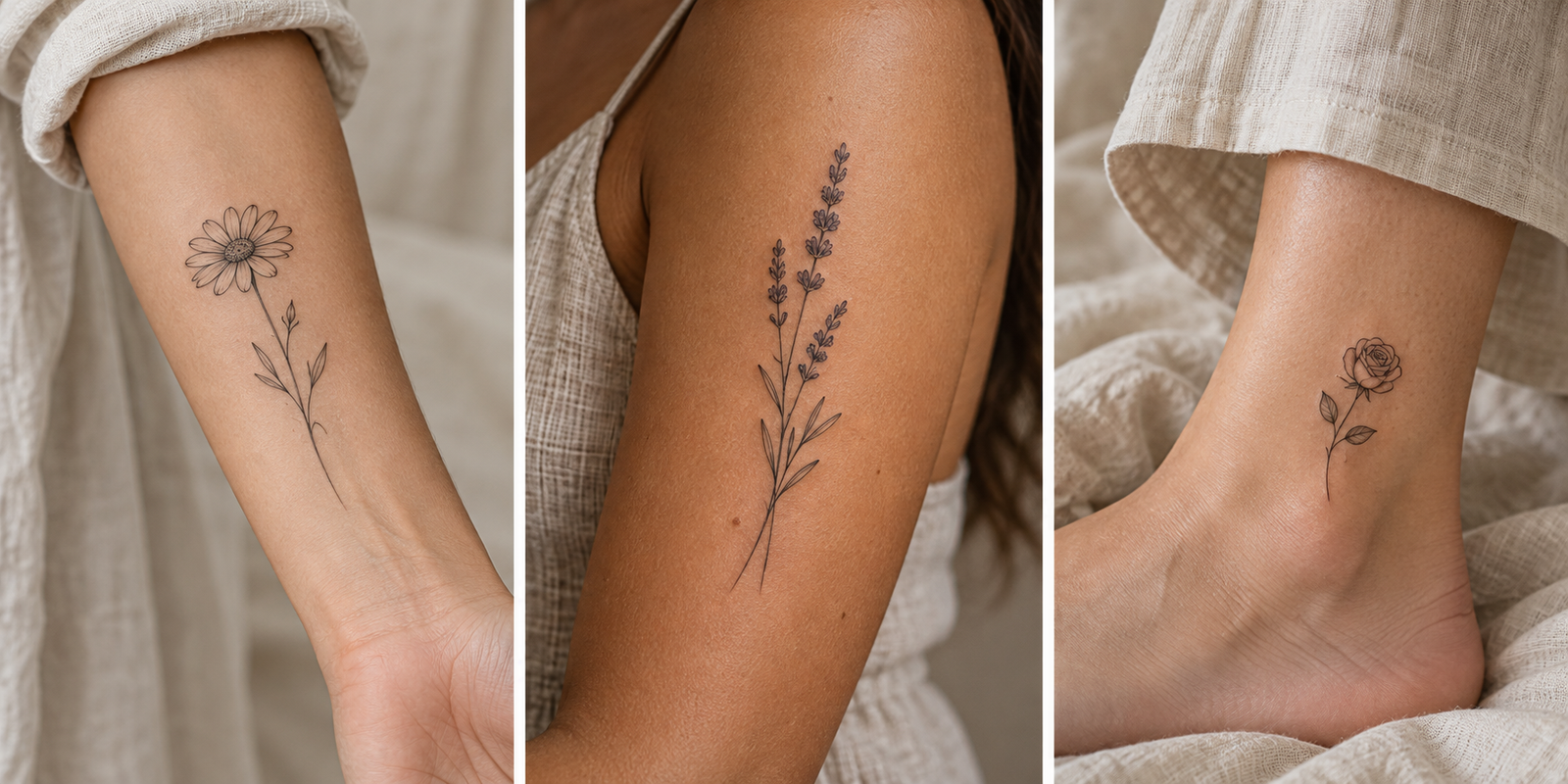 AI-generated floral tattoo concepts: a daisy on a forearm, lavender on an upper arm, and a rose on an ankle.