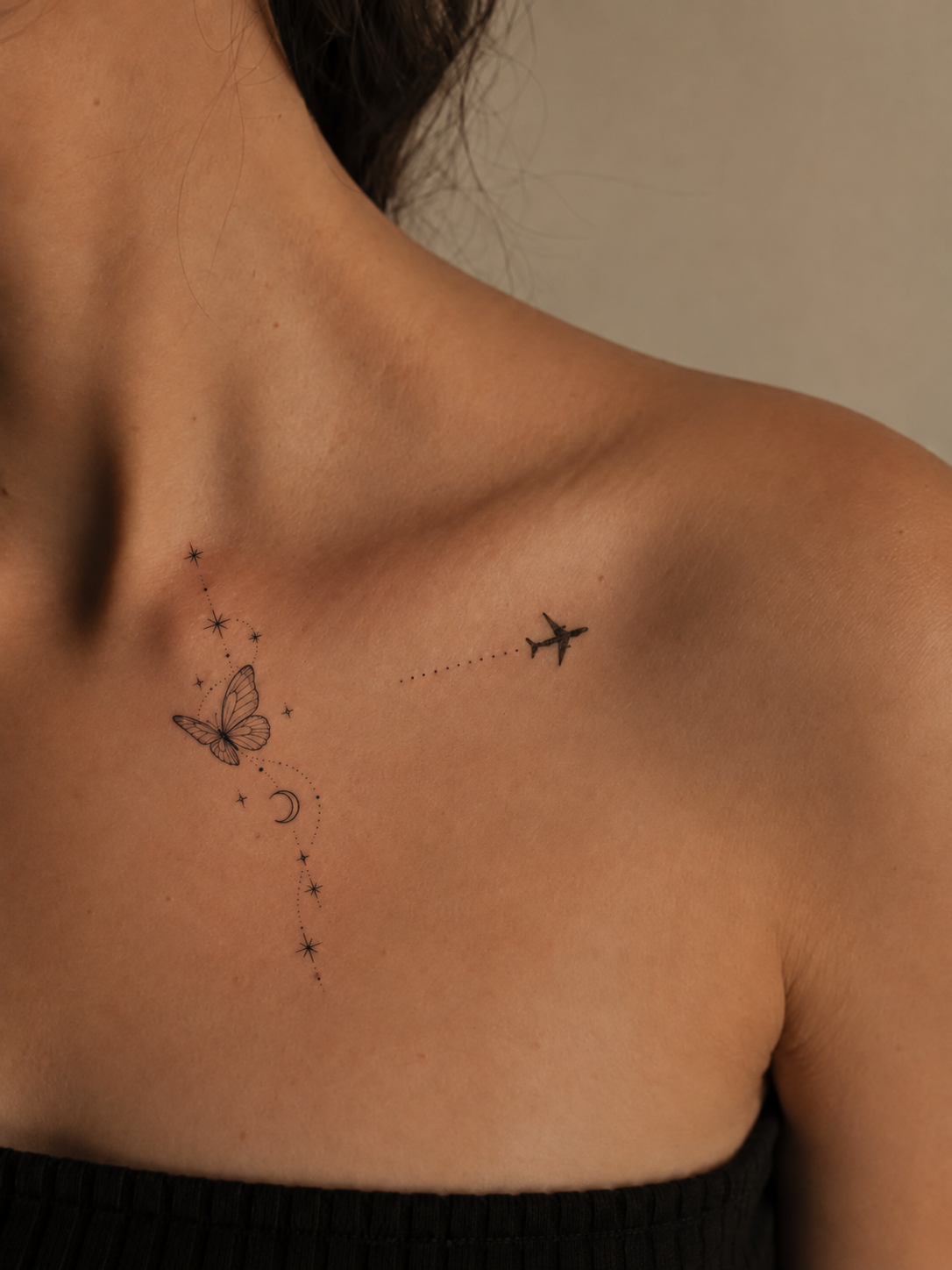 Small Butterfly Collarbone Tattoo: Moon and Star Design Ideas