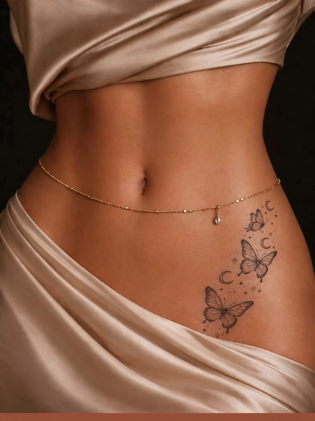 Butterfly and Moon Hip Tattoo: Fine-Line Placement Ideas